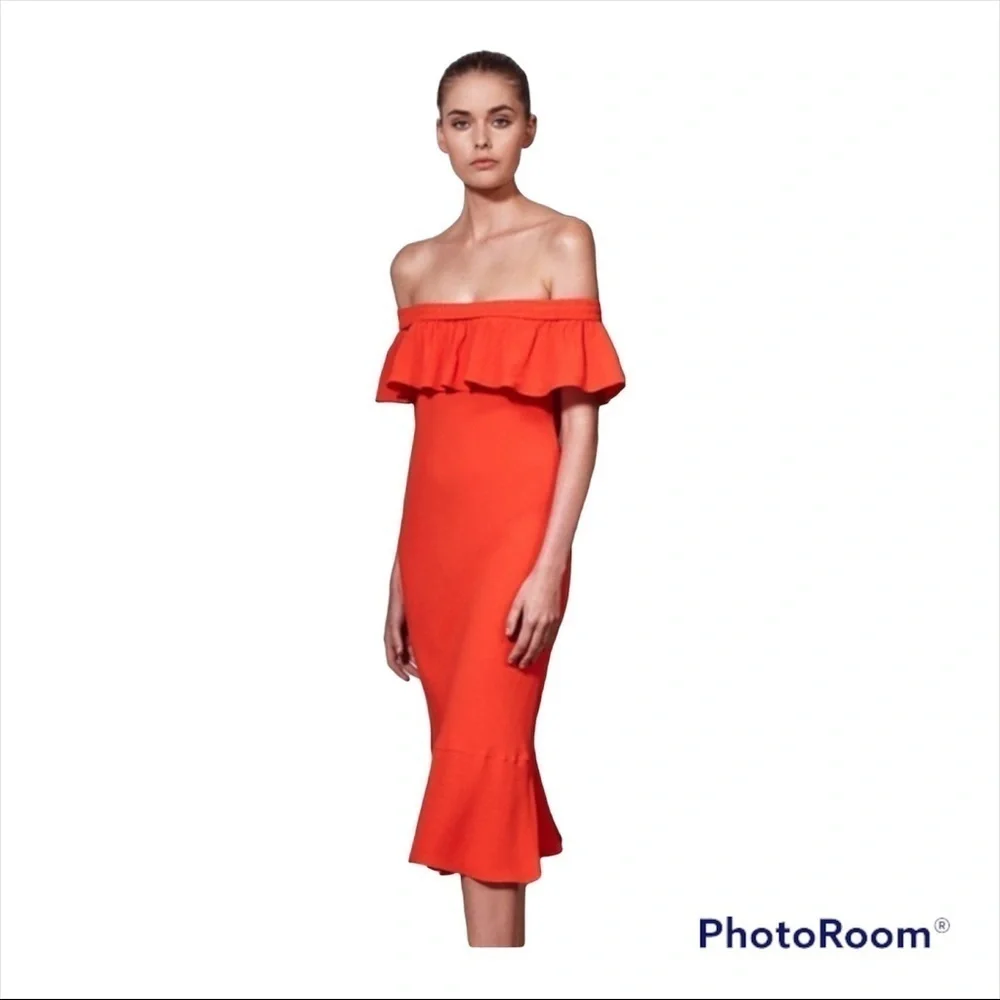 Veronica Beard Oleta Off Shoulder Ruffle Midi Dress Orange Size 0